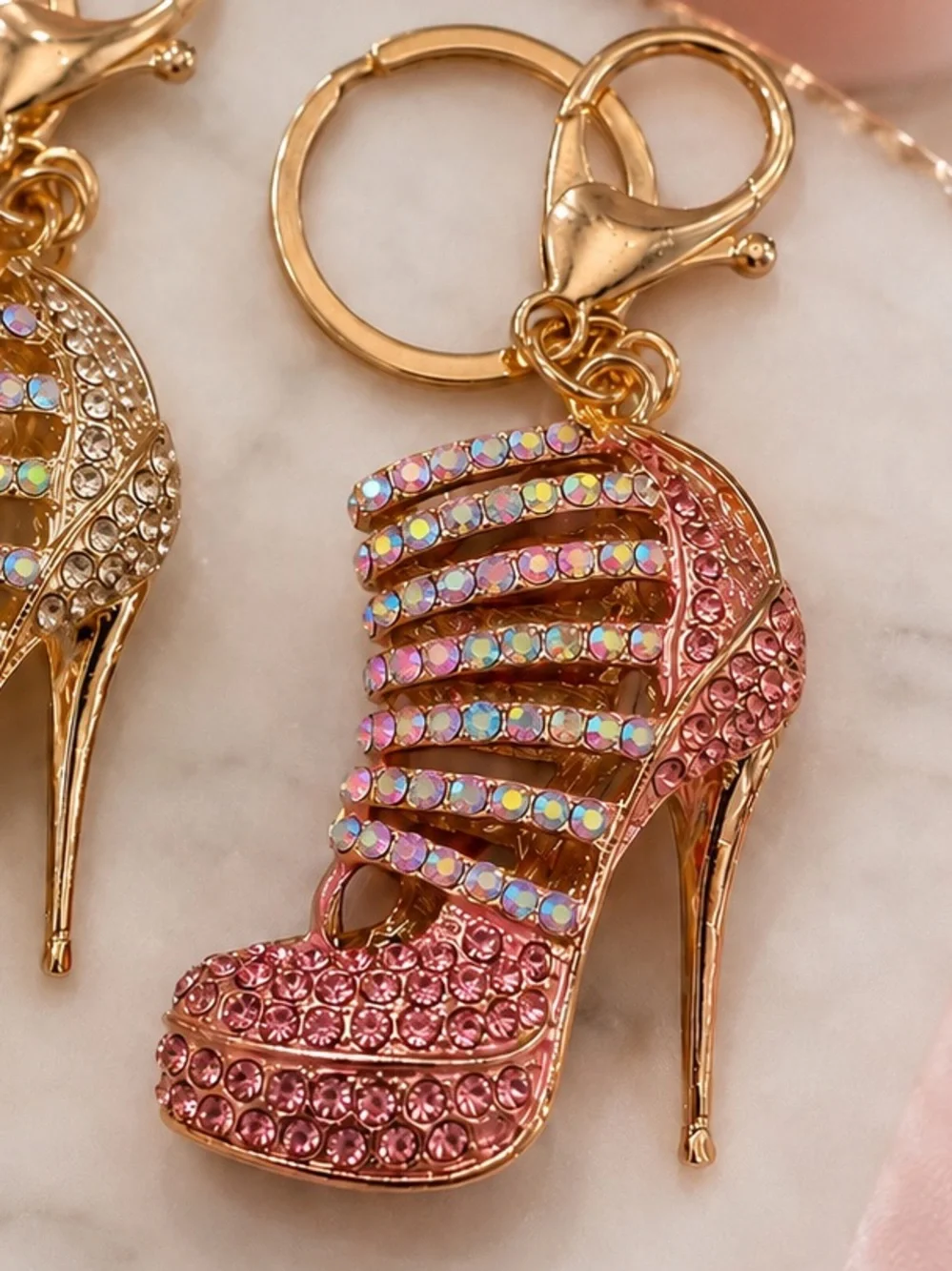 Crystal High Heel Shoe Keychain Bag Charm Gold & Pink Sparkly Bling Rhinestones